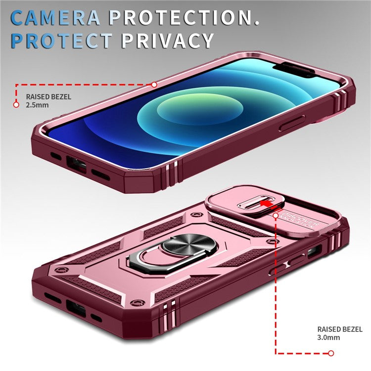 For iPhone 14 6.1 inch PC+TPU Kickstand Function Anti-wear Back Cover Sliding Camera Lens Protector Case with Card Slot - Pink  /  Dark Red