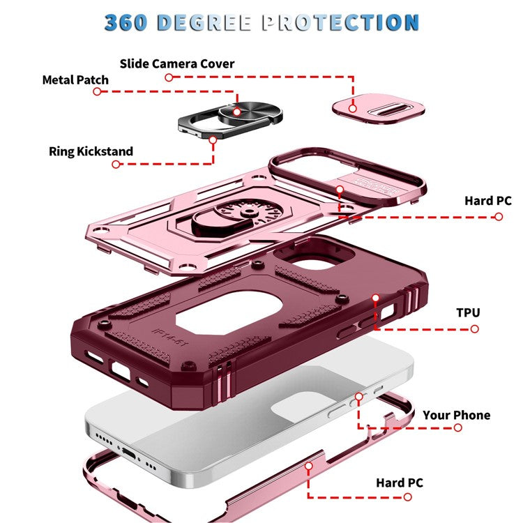 For iPhone 14 6.1 inch PC+TPU Kickstand Function Anti-wear Back Cover Sliding Camera Lens Protector Case with Card Slot - Pink  /  Dark Red