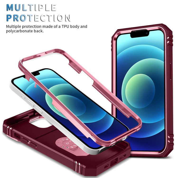 For iPhone 14 6.1 inch PC+TPU Kickstand Function Anti-wear Back Cover Sliding Camera Lens Protector Case with Card Slot - Pink  /  Dark Red