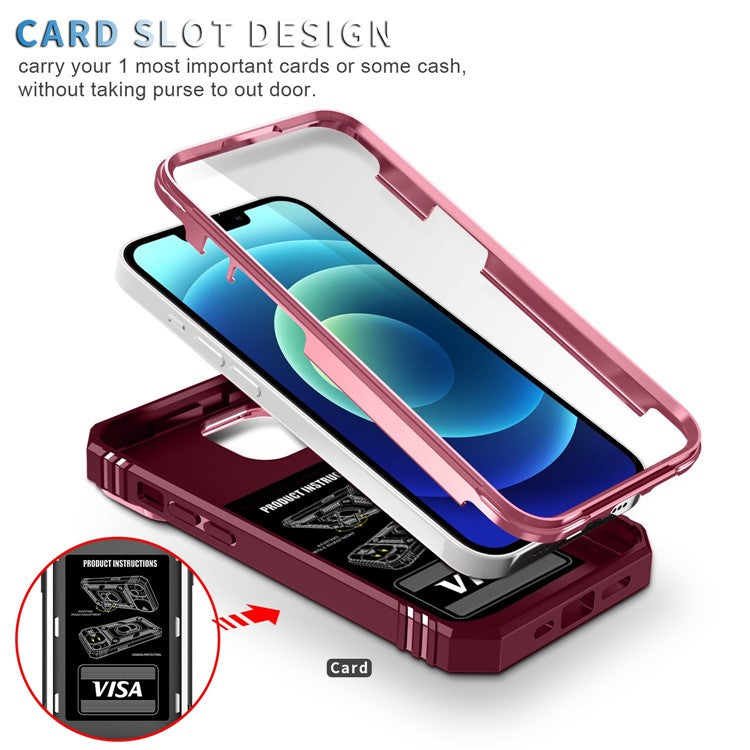 For iPhone 14 6.1 inch PC+TPU Kickstand Function Anti-wear Back Cover Sliding Camera Lens Protector Case with Card Slot - Pink  /  Dark Red