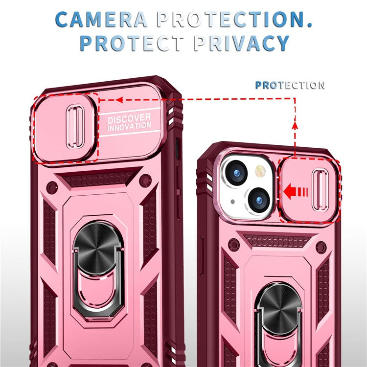 For iPhone 14 6.1 inch PC+TPU Kickstand Function Anti-wear Back Cover Sliding Camera Lens Protector Case with Card Slot - Pink  /  Dark Red