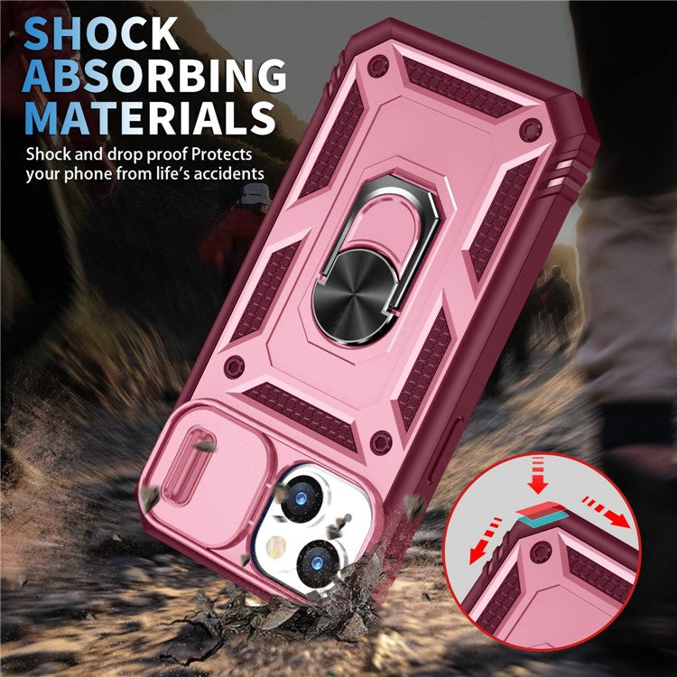 For iPhone 14 6.1 inch PC+TPU Kickstand Function Anti-wear Back Cover Sliding Camera Lens Protector Case with Card Slot - Pink  /  Dark Red
