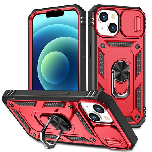 For iPhone 14 Plus Anti-fall PC+TPU Kickstand Function Phone Protector Sliding Camera Lens Cover Design Case with Card Slot - Red  /  Black
