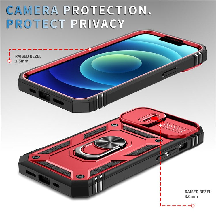 For iPhone 14 Plus Anti-fall PC+TPU Kickstand Function Phone Protector Sliding Camera Lens Cover Design Case with Card Slot - Red  /  Black