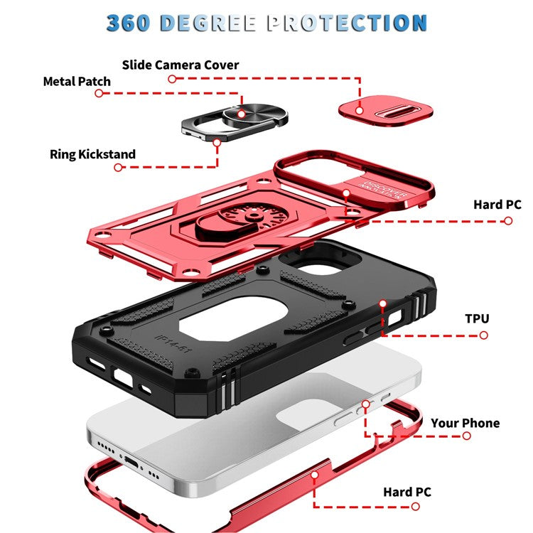 For iPhone 14 Plus Anti-fall PC+TPU Kickstand Function Phone Protector Sliding Camera Lens Cover Design Case with Card Slot - Red  /  Black