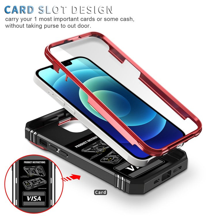 For iPhone 14 Plus Anti-fall PC+TPU Kickstand Function Phone Protector Sliding Camera Lens Cover Design Case with Card Slot - Red  /  Black