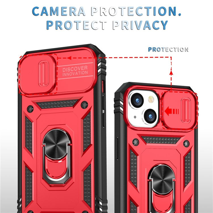 For iPhone 14 Plus Anti-fall PC+TPU Kickstand Function Phone Protector Sliding Camera Lens Cover Design Case with Card Slot - Red  /  Black