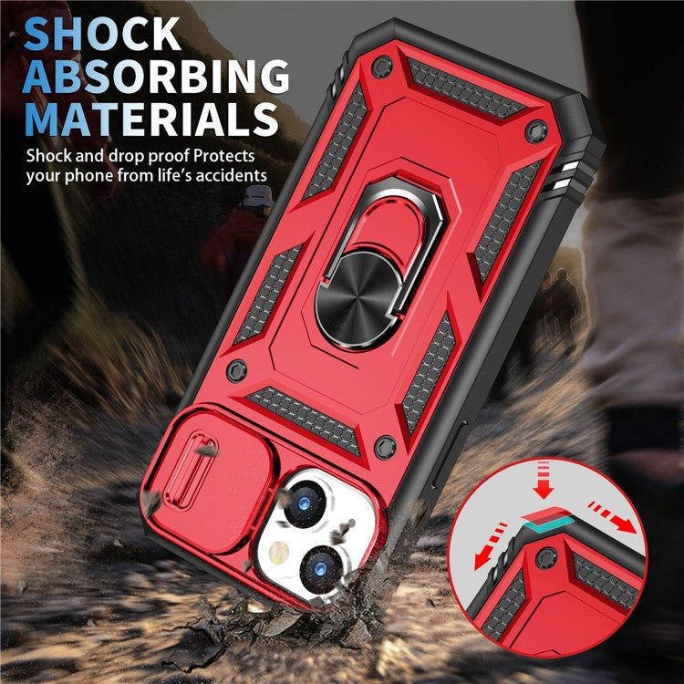 For iPhone 14 Plus Anti-fall PC+TPU Kickstand Function Phone Protector Sliding Camera Lens Cover Design Case with Card Slot - Red  /  Black