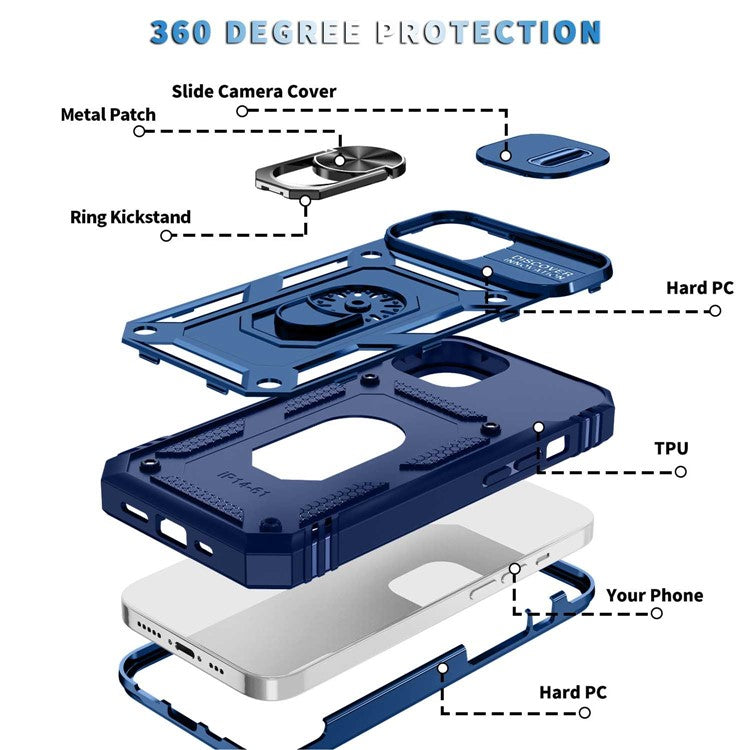 For iPhone 14 Plus Anti-fall PC+TPU Kickstand Function Phone Protector Sliding Camera Lens Cover Design Case with Card Slot - Blue