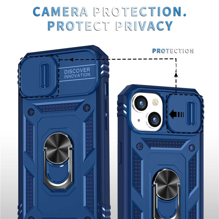 For iPhone 14 Plus Anti-fall PC+TPU Kickstand Function Phone Protector Sliding Camera Lens Cover Design Case with Card Slot - Blue