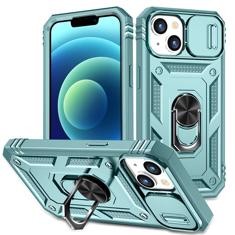 For iPhone 14 Plus Anti-fall PC+TPU Kickstand Function Phone Protector Sliding Camera Lens Cover Design Case with Card Slot - Green
