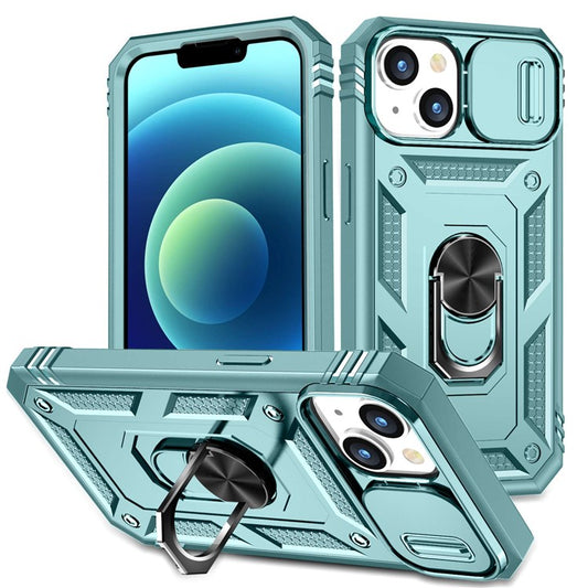 For iPhone 14 Plus Anti-fall PC+TPU Kickstand Function Phone Protector Sliding Camera Lens Cover Design Case with Card Slot - Green