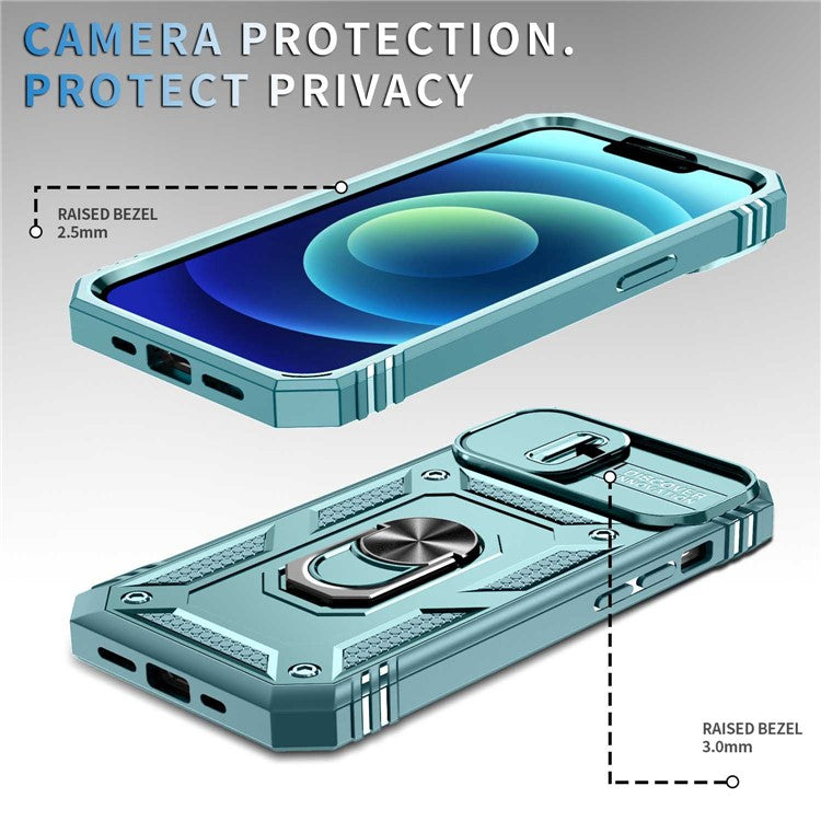 For iPhone 14 Plus Anti-fall PC+TPU Kickstand Function Phone Protector Sliding Camera Lens Cover Design Case with Card Slot - Green