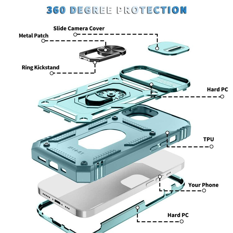 For iPhone 14 Plus Anti-fall PC+TPU Kickstand Function Phone Protector Sliding Camera Lens Cover Design Case with Card Slot - Green