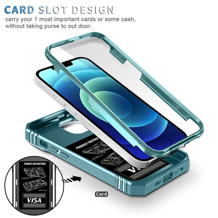 For iPhone 14 Plus Anti-fall PC+TPU Kickstand Function Phone Protector Sliding Camera Lens Cover Design Case with Card Slot - Green