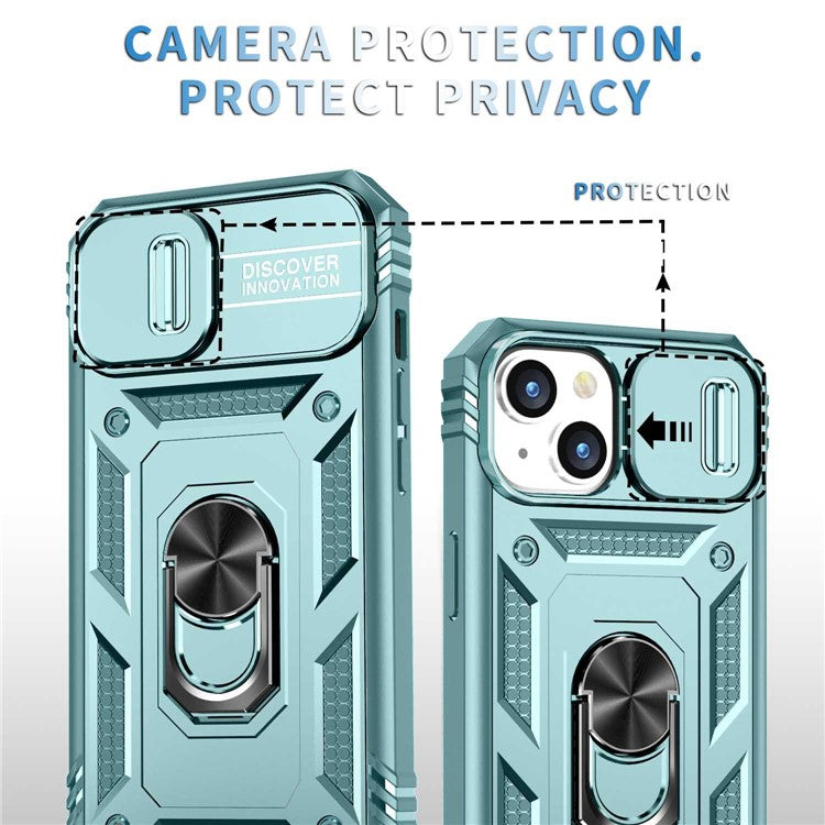 For iPhone 14 Plus Anti-fall PC+TPU Kickstand Function Phone Protector Sliding Camera Lens Cover Design Case with Card Slot - Green