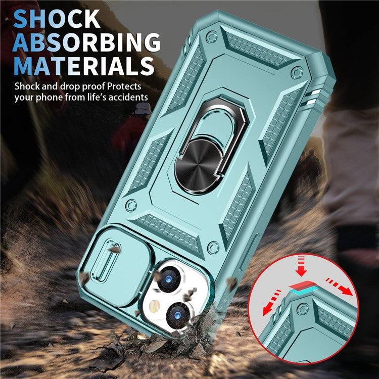 For iPhone 14 Plus Anti-fall PC+TPU Kickstand Function Phone Protector Sliding Camera Lens Cover Design Case with Card Slot - Green