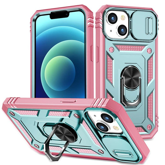For iPhone 14 Plus Anti-fall PC+TPU Kickstand Function Phone Protector Sliding Camera Lens Cover Design Case with Card Slot - Green  /  Pink
