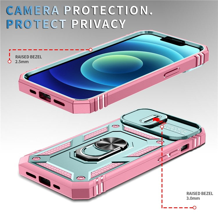 For iPhone 14 Plus Anti-fall PC+TPU Kickstand Function Phone Protector Sliding Camera Lens Cover Design Case with Card Slot - Green  /  Pink