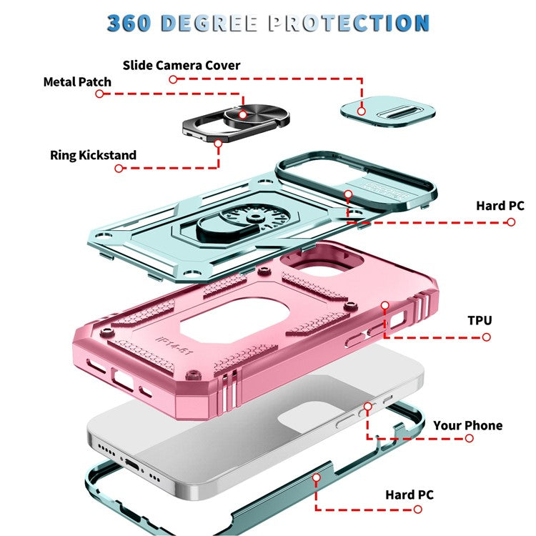 For iPhone 14 Plus Anti-fall PC+TPU Kickstand Function Phone Protector Sliding Camera Lens Cover Design Case with Card Slot - Green  /  Pink