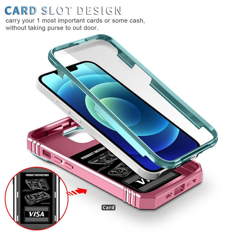 For iPhone 14 Plus Anti-fall PC+TPU Kickstand Function Phone Protector Sliding Camera Lens Cover Design Case with Card Slot - Green  /  Pink
