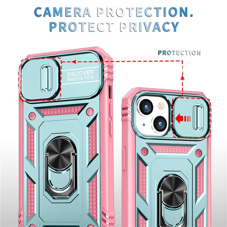For iPhone 14 Plus Anti-fall PC+TPU Kickstand Function Phone Protector Sliding Camera Lens Cover Design Case with Card Slot - Green  /  Pink