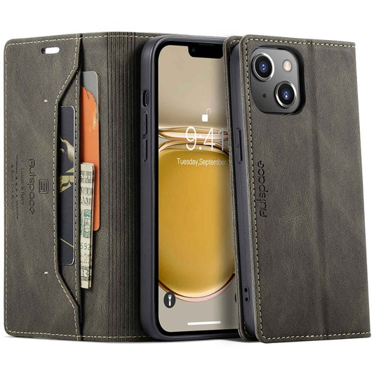AUTSPACE A01 Series For iPhone 14 6.1 inch Mobile Phone Case Retro Matte PU Leather+TPU RFID Blocking Phone Stand Wallet Cover - Coffee