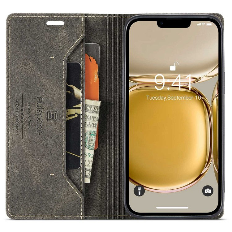 AUTSPACE A01 Series For iPhone 14 6.1 inch Mobile Phone Case Retro Matte PU Leather+TPU RFID Blocking Phone Stand Wallet Cover - Coffee