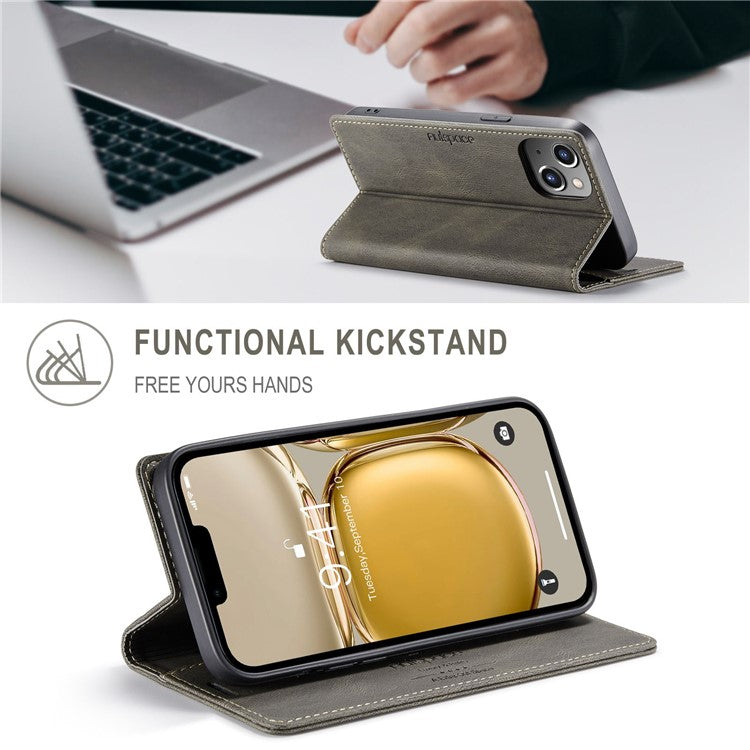 AUTSPACE A01 Series For iPhone 14 6.1 inch Mobile Phone Case Retro Matte PU Leather+TPU RFID Blocking Phone Stand Wallet Cover - Coffee