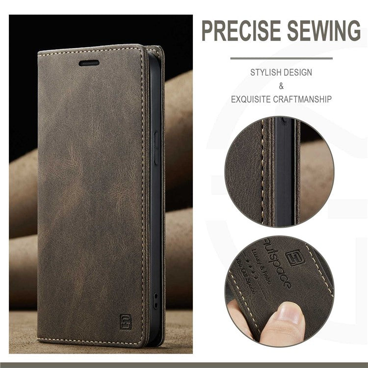 AUTSPACE A01 Series For iPhone 14 6.1 inch Mobile Phone Case Retro Matte PU Leather+TPU RFID Blocking Phone Stand Wallet Cover - Coffee