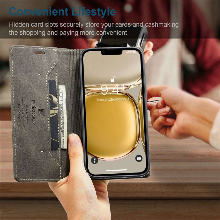 AUTSPACE A01 Series For iPhone 14 6.1 inch Mobile Phone Case Retro Matte PU Leather+TPU RFID Blocking Phone Stand Wallet Cover - Coffee