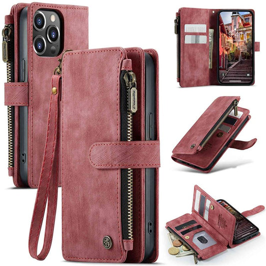 CASEME C30 Series for iPhone 14 Pro 6.1 inch Zipper Pocket Wallet Phone Case PU Leather Stand Multiple Card Slots Cover with Strap - Red