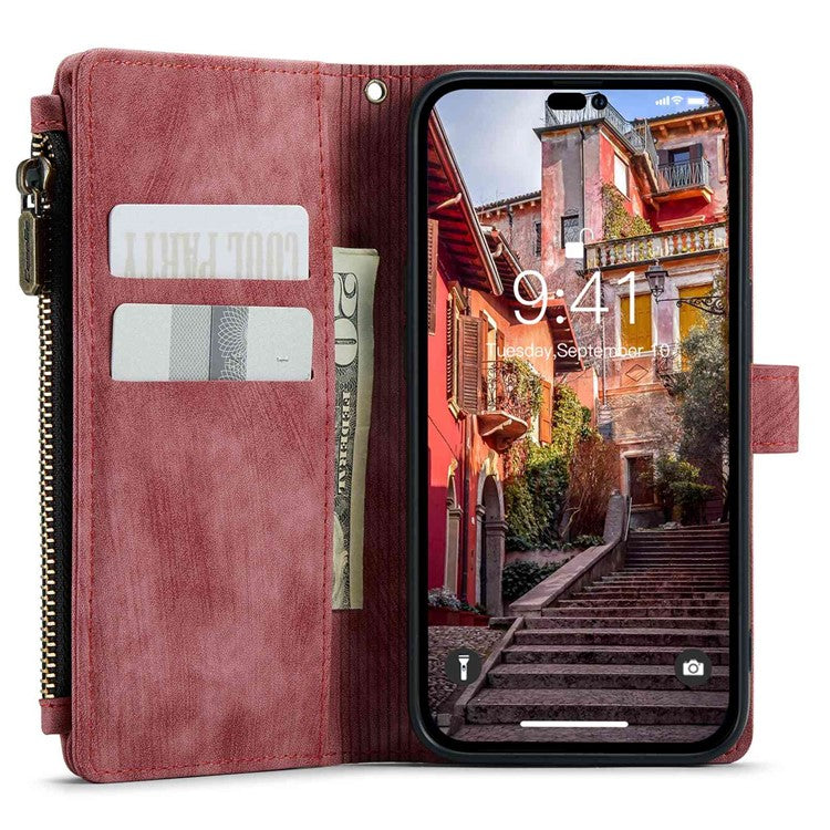 CASEME C30 Series for iPhone 14 Pro 6.1 inch Zipper Pocket Wallet Phone Case PU Leather Stand Multiple Card Slots Cover with Strap - Red