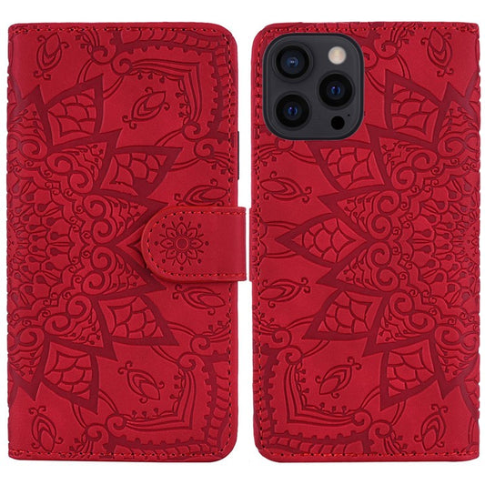 For iPhone 14 Plus Imprint Flower Phone Cover Bump Proof Wallet Design Calf Texture Leather Cover with Stand - Red