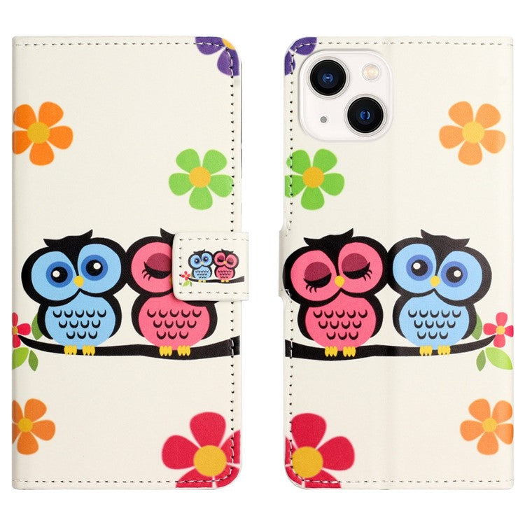 For iPhone 14 6.1 inch Wallet Stand Book Style Magnetic Clasp PU Leather Case Pattern Printing Phone Cover - Couple Owls