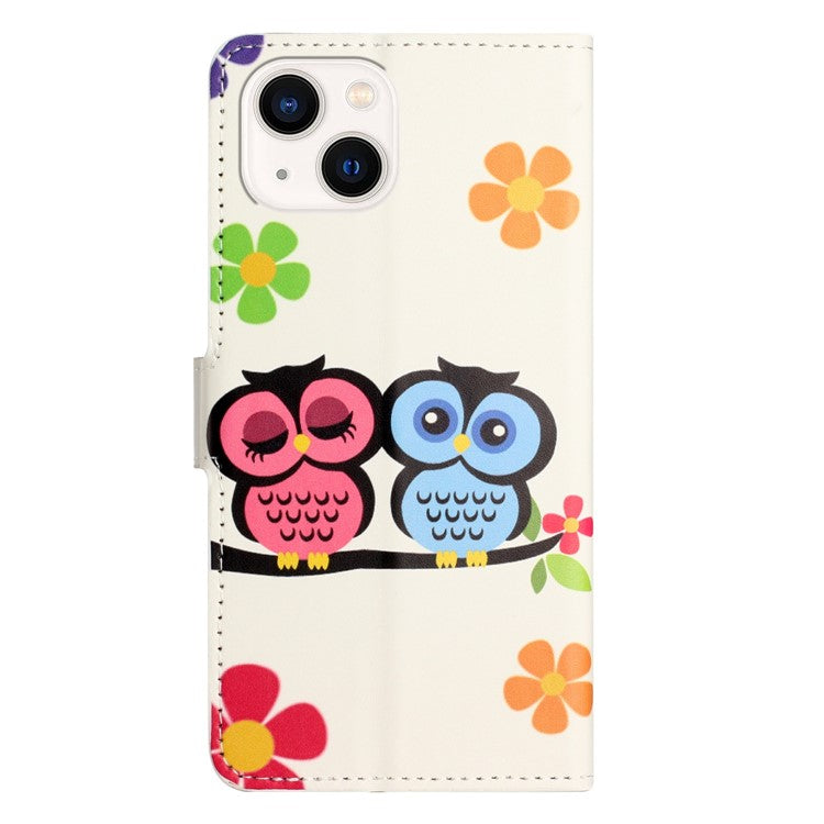 For iPhone 14 6.1 inch Wallet Stand Book Style Magnetic Clasp PU Leather Case Pattern Printing Phone Cover - Couple Owls