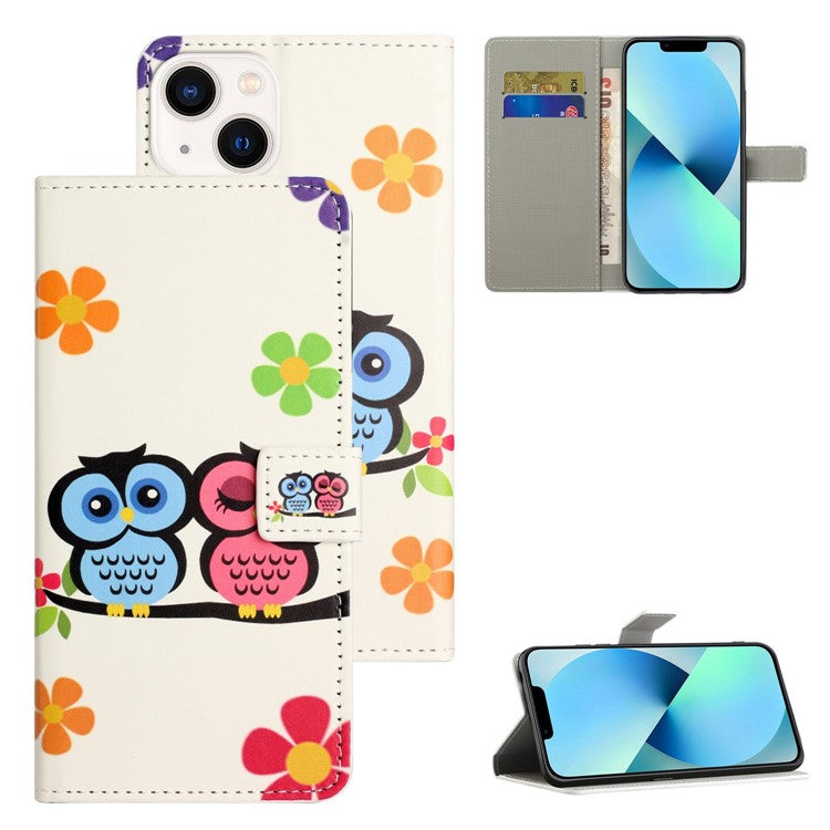 For iPhone 14 6.1 inch Wallet Stand Book Style Magnetic Clasp PU Leather Case Pattern Printing Phone Cover - Couple Owls