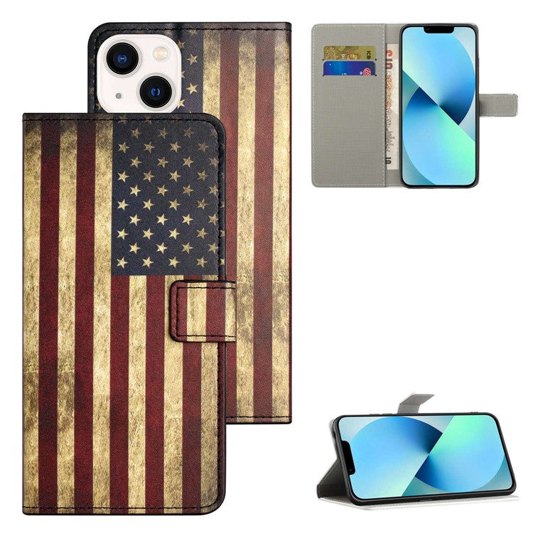 For iPhone 14 6.1 inch Wallet Stand Book Style Magnetic Clasp PU Leather Case Pattern Printing Phone Cover - The American Flag