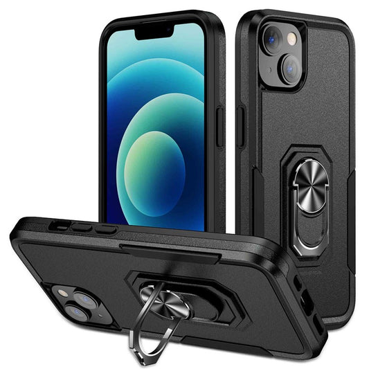 Defender Series for iPhone 14 6.1 inch Ring Kickstand Phone Drop-proof Case PC + TPU Hybrid Back Cover - Black / Black