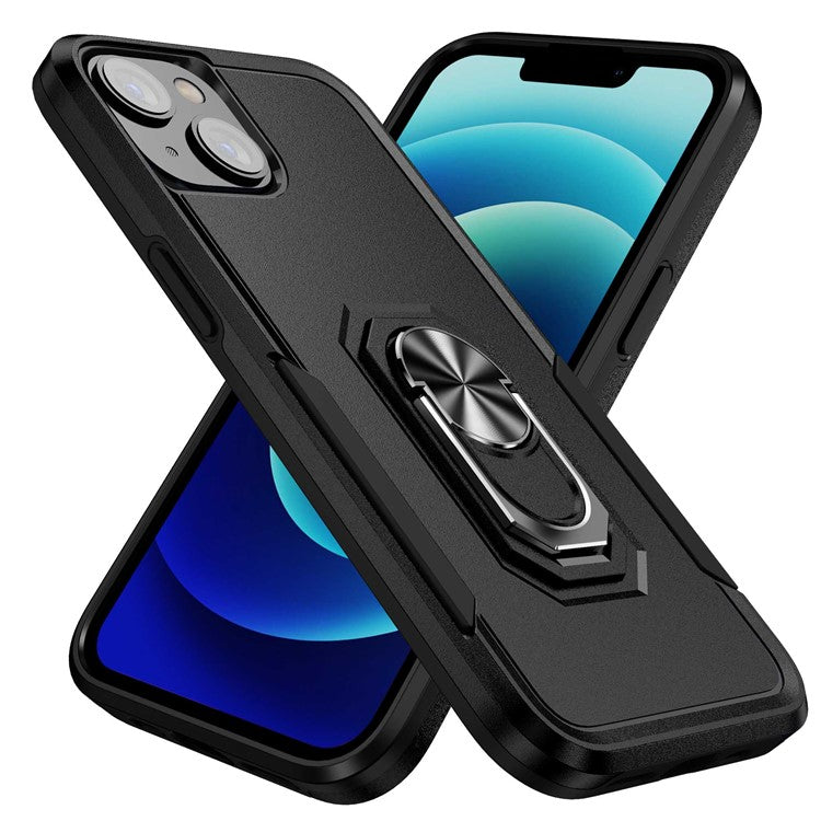Defender Series for iPhone 14 6.1 inch Ring Kickstand Phone Drop-proof Case PC + TPU Hybrid Back Cover - Black / Black
