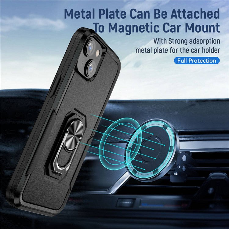 Defender Series for iPhone 14 6.1 inch Ring Kickstand Phone Drop-proof Case PC + TPU Hybrid Back Cover - Black / Black