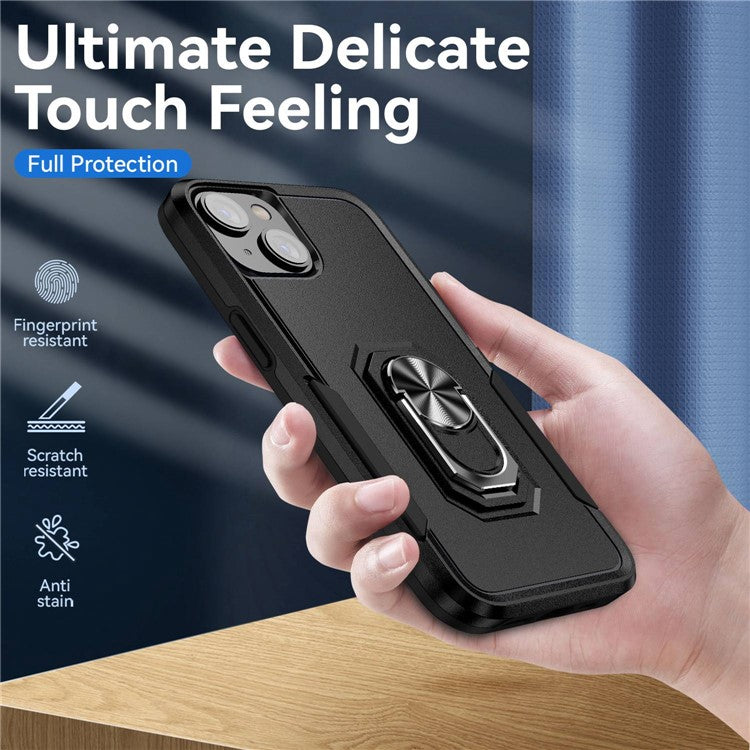 Defender Series for iPhone 14 6.1 inch Ring Kickstand Phone Drop-proof Case PC + TPU Hybrid Back Cover - Black / Black