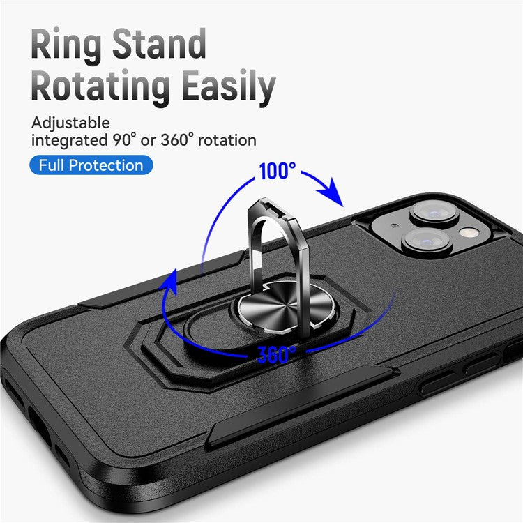 Defender Series for iPhone 14 6.1 inch Ring Kickstand Phone Drop-proof Case PC + TPU Hybrid Back Cover - Black / Black