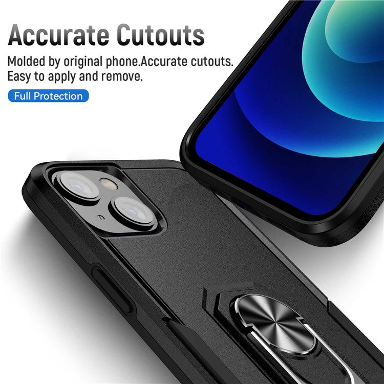 Defender Series for iPhone 14 6.1 inch Ring Kickstand Phone Drop-proof Case PC + TPU Hybrid Back Cover - Black / Black