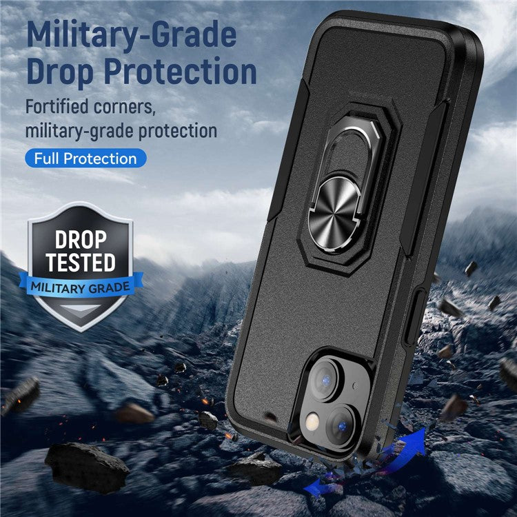 Defender Series for iPhone 14 6.1 inch Ring Kickstand Phone Drop-proof Case PC + TPU Hybrid Back Cover - Black / Black