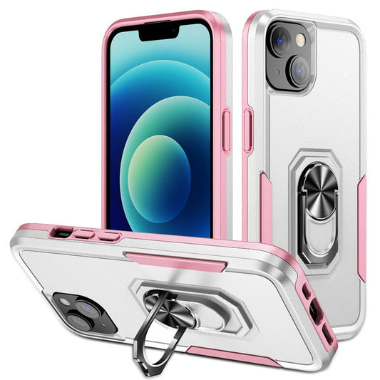 Defender Series for iPhone 14 6.1 inch Ring Kickstand Phone Drop-proof Case PC + TPU Hybrid Back Cover - White / Pink