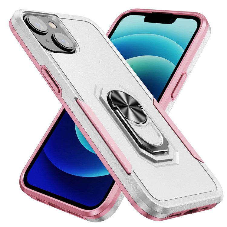 Defender Series for iPhone 14 6.1 inch Ring Kickstand Phone Drop-proof Case PC + TPU Hybrid Back Cover - White / Pink