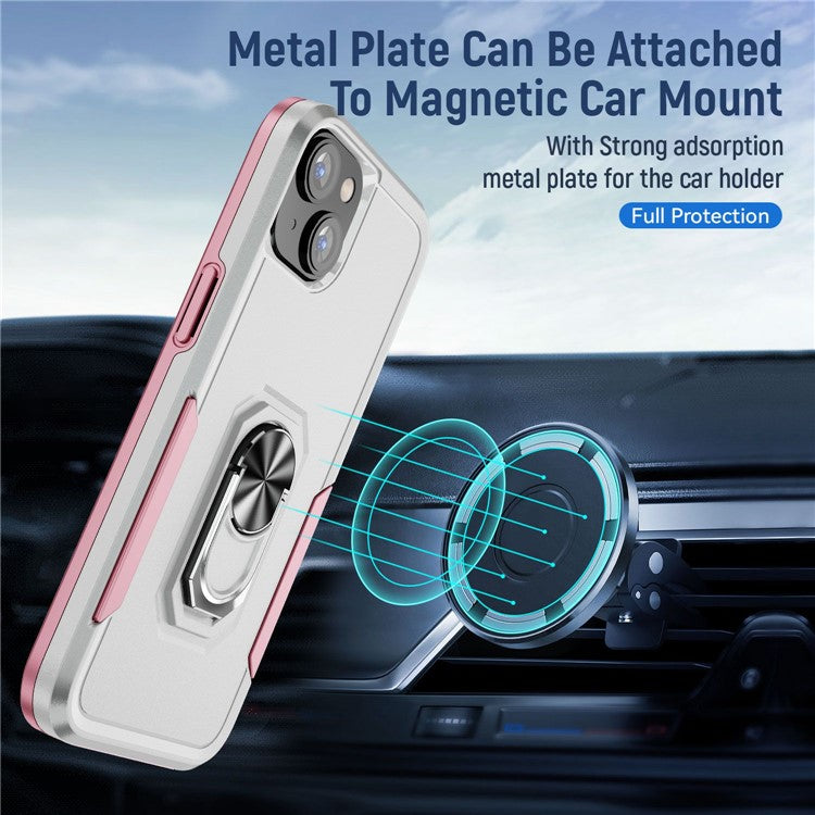 Defender Series for iPhone 14 6.1 inch Ring Kickstand Phone Drop-proof Case PC + TPU Hybrid Back Cover - White / Pink