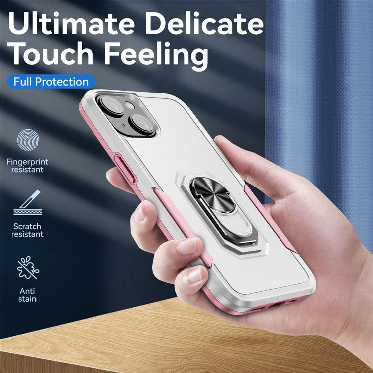 Defender Series for iPhone 14 6.1 inch Ring Kickstand Phone Drop-proof Case PC + TPU Hybrid Back Cover - White / Pink