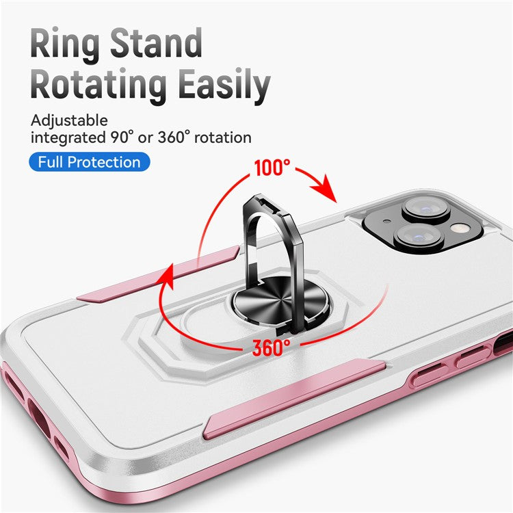Defender Series for iPhone 14 6.1 inch Ring Kickstand Phone Drop-proof Case PC + TPU Hybrid Back Cover - White / Pink